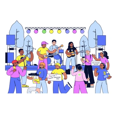 A charity concert taking place in an outdoor venue. In the foreground, a lively band is performing on a stage with colorful spotlights shining down. The band consists of four musicians: a guitarist, a drummer, a keyboardist, and a vocalist, all dressed in casual clothing. The audience is engaged, with people of various ages dancing and clapping along to the music. Some attendees hold colorful signs showing their support for the charity. In the background, trees and decorative lights add to the festive atmosphere.