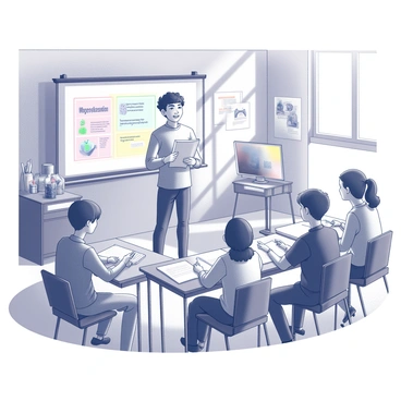 An illustration artist stands at the front of a classroom, engaging a group of attentive students seated at desks. The artist is holding a sketchbook in one hand and gesturing with the other while speaking. The students are listening intently, some taking notes and others sketching in their own notebooks. The classroom is decorated with various art supplies and illustrations displayed on the walls. A projector screen behind the artist displays a colorful presentation about "creative techniques" and "blogging." Light streaming in from a window casts shadows across the room.