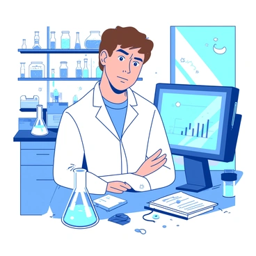 A white-coated scientist with short brown hair is standing in a bright laboratory filled with various scientific equipment. The scientist has a furrowed brow and is looking puzzled, tilting their head slightly to the side as they examine a glass beaker. The beaker is partially filled with a blue liquid, and there are scattered notes and a notebook on the table beside it. A computer monitor displaying graphs is visible in the background, along with shelves holding various jars and lab instruments.