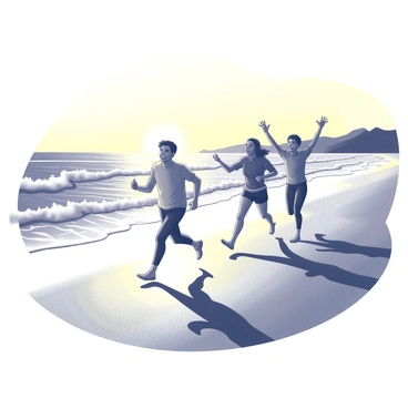 A group of three friends is running along a sandy beach. Their footprints are visible in the wet sand, trailing behind them. The sun is setting in the distance, casting elongated shadows of the friends. The sky is filled with shades of yellow and black as the sun dips below the horizon. Nearby, waves are crashing onto the shore, creating white foam at the water's edge. The friends appear engaged and joyful, with their arms raised in excitement as they sprint down the beach.