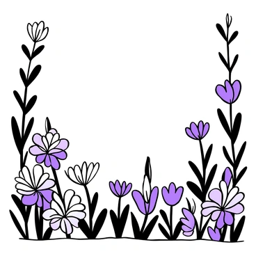 A border made of detailed lavender flowers with long stems swaying gently. The flowers are clustered closely together, creating a dense frame. Each flower has distinct layers of petals, with some blossoms fully open and others in bud form. The leaves are elongated with visible veins, adding texture to the composition. The scene conveys a sense of movement, as the flowers appear to dance with the breeze.