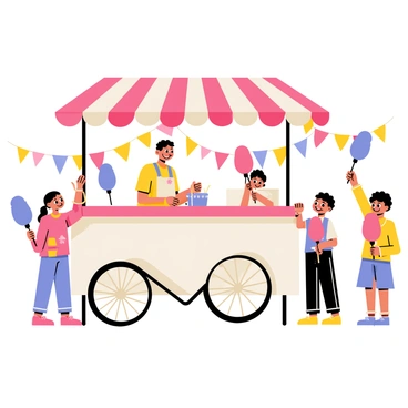 A cheerful cotton candy cart at a fair, featuring a bright red and white striped canopy. The cart's wheels are decorated with colorful balloons. The vendor is a smiling character wearing a colorful apron, serving fluffy pink and blue cotton candy on sticks to excited children. There are vibrant carnival games and colorful banners in the background, adding to the festive atmosphere. A few children are joyfully holding their cotton candy, with their expressions full of delight.