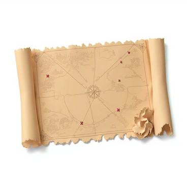 A treasure map, aged and weathered, with torn edges and a yellow-brown parchment texture. The map is divided into several fractional sections, each marked with intricate symbols and sketches, indicating different terrains such as mountains, rivers, and forests. Small red 'X' marks are scattered across the sections, pinpointing the locations of hidden treasures. The map features a compass rose in one corner, and there are faint lines suggesting paths that adventurers might take. The background is filled with subtle details like imagined sea monsters and ancient ruins drawn in the margins, enhancing the sense of adventure.