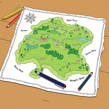 A large, hand-drawn map of a fictional kingdom laid out on a wooden table. The map features intricate illustrations of various geographical features, including rolling hills, winding rivers, and dense forests. Small castles and villages are marked with tiny icons scattered throughout the landscape. There are labels for different regions written in decorative script, including “Mystic Forest,” “Emerald Valley,” and “Dragon's Peak.” The edges of the map are adorned with decorative borders, and a compass rose is positioned in one corner, indicating the directions. A few colored pencils and an ink pen are placed beside the map, suggesting an ongoing creative process.