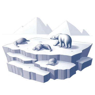 An illustration depicting a layered landscape of ice and snow in the Arctic. The scene features several distinct layers of compacted snow and ice, showcasing the texture and structure of each layer. A polar bear is visible on the ice, wandering in search of food. Nearby, a group of seals is resting on a separate ice floe. In the background, snow-capped mountains rise sharply against the sky, and a few snowflakes can be seen falling gently. The stark contrast between the white ice and the dark silhouettes of the animals is prominent in the composition.