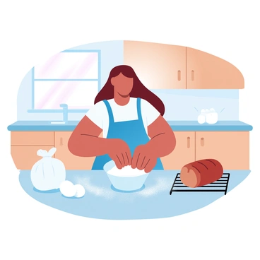 Frances cheerfully baking bread in a sunlit kitchen, surrounded by flour and ingredients.