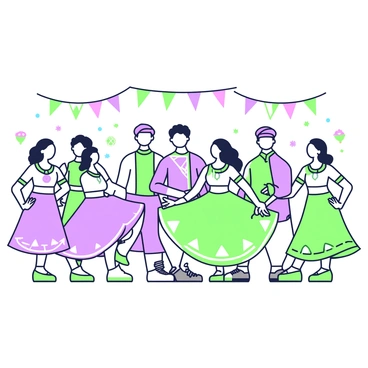 A group of men and women is performing the dandiya dance at a festival. The men wear colorful traditional kurtas and dhotis, while the women are dressed in vibrant lehengas and cholis. Each dancer holds a pair of dandiya sticks, which they strike together in rhythmic movements. The dancers are arranged in a circular formation, showcasing their energetic dance steps. In the background, there are decorative lights and festive banners, enhancing the atmosphere of celebration. The scene captures the joy and vibrancy of the festival.