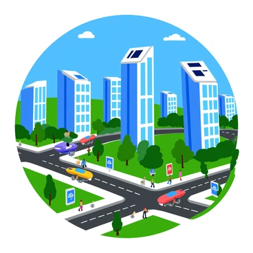 A futuristic cityscape featuring tall, sleek skyscrapers made of glass and metal. Each building is topped with solar panels reflecting sunlight. On every corner, there are modern recycling stations designed with bright colors and interactive displays. The streets are lined with lush greenery and trees, providing a contrast to the urban environment. Hovering vehicles can be seen traveling between the buildings, while pedestrians stroll on wide, clean sidewalks. The sky is a vibrant blue, dotted with a few fluffy clouds.