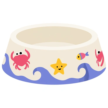 A dog bowl with a round shape and a glossy finish. The exterior of the bowl is adorned with various colorful sea creatures, including a bright red crab, a playful clownfish, and a cheerful yellow starfish. Surrounding these creatures are stylized ocean waves in shades of blue and white that curve around the bowl. The interior of the bowl is a solid color, contrasting with the vibrant decorations on the outside.