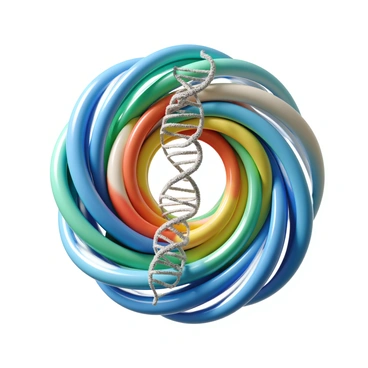 A swirling vortex of vibrant colors, including shades of blue, green, red, and yellow, creates a dynamic and fluid motion. At the center of this vortex, there are intricate DNA strands, depicted in a double helix structure, with detailed base pairs visible. The strands are a mix of translucent and opaque textures, catching the colors of the surrounding vortex and reflecting them. The overall composition is balanced, with the vortex spiraling outward while the DNA remains the focal point at the core.