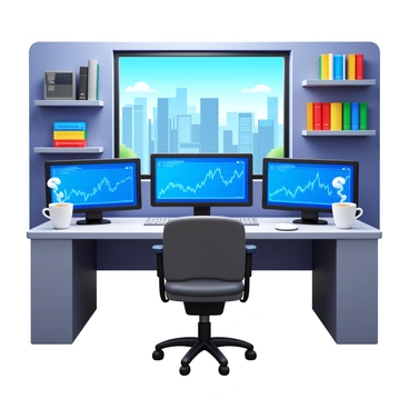 A home office setup specifically designed for a day trader. There are multiple computer screens displaying stock charts, graphs, and trading information. A sleek desk is equipped with a mechanical keyboard and a high-performance mouse. Two coffee cups are placed on the desk, one filled with steaming coffee and the other half-empty. The office chair is ergonomic, providing comfort during long trading sessions. Wall shelves in the background hold books about trading and finance. A large window allows natural light to fill the room, offering a view of a bustling cityscape outside.