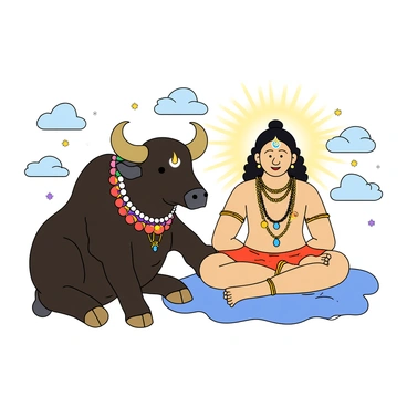 A large, powerful Nandi bull with a shiny black coat is sitting faithfully at the feet of a seated figure representing Lord Shiva. The bull has an ornate decorative collar with colorful beads and golden accents. Lord Shiva has a serene expression, adorned with a crescent moon on his head and multiple necklaces. Surrounding them are various mystical symbols like swirling clouds and sparkling stars. A soft, radiant light illuminates the scene, highlighting the bond between Nandi and Lord Shiva.