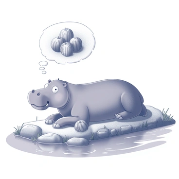 A hippopotamus lying on a riverbank, its large body relaxed and subtle ripples in the water reflecting its presence. The hippo's eyes are closed, indicating a peaceful state, with a slight smile on its face. Above the hippo, a thought bubble emerges, filled with several watermelons, showcasing their round shape and textured rind. The riverbank features patches of dry grass and stones, with the water's edge gently lapping against the shore. The surrounding environment includes hints of foliage, adding to the natural setting.