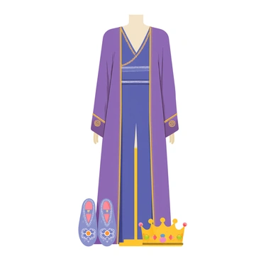 A set of regal clothing displayed on a mannequin, featuring a long, flowing purple robe made from luxurious velvet. The robe has intricate gold embroidery along the edges and swirling patterns on the sleeves. Beneath the robe, there is a fitted tunic made from deep blue silk, adorned with silver thread detailing. A matching pair of ornate embroidered shoes is placed at the base, showcasing the same rich fabrics. A jeweled crown sits next to the clothing, sparkling with colorful gems that reflect light. The entire outfit is elegantly arranged, emphasizing its grandeur and sophistication.