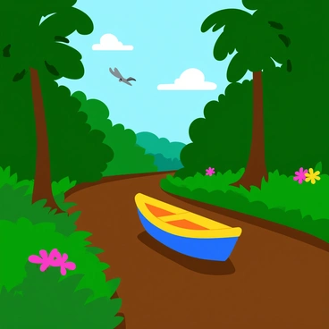 A small wooden boat floats gently through the narrow channels of the Amazon River. The boat has a bright blue and yellow color scheme, contrasting with the lush greenery of the surrounding rainforest. Tall trees with broad leaves provide a thick canopy overhead, while vibrant flowers in various colors peek through the foliage along the banks. The water is a deep brown, reflecting the rich earth tones of the jungle. A few birds can be seen flying overhead, adding a sense of life to the scene. The atmosphere is vibrant and teeming with the essence of the Amazon.