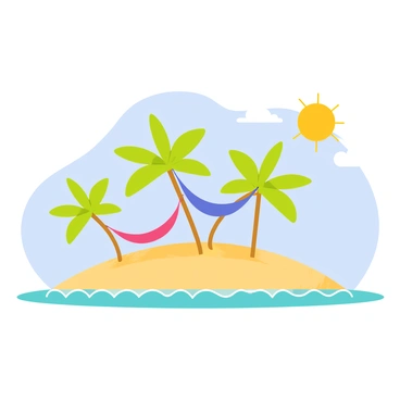 A tropical island scene featuring a clear blue sky and bright sun shining down. The island has soft, golden sand along its shoreline. There are several green palm trees swaying gently in the breeze. Two colorful hammocks are strung between the palm trees, one is a vibrant red and the other is a bright blue. In the background, gentle waves lap at the shore, and a few fluffy white clouds float overhead. The island is surrounded by a calm turquoise sea, enhancing the tranquil atmosphere.