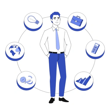 An entrepreneur is standing confidently at the center of the image. The individual has an expression of determination and is dressed in professional attire. Surrounding the entrepreneur are various interconnected business icons, including a light bulb symbolizing ideas, a briefcase representing corporate work, and a graph indicating growth. Other icons include a globe for global outreach, a calculator for finance, and a handshake signifying partnerships. The icons are arranged in a circular pattern around the entrepreneur, showcasing their connection to the business world. Each icon has clear, recognizable details to convey its meaning effectively.