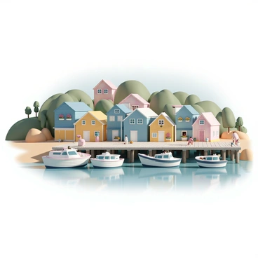 A charming coastal village, featuring a variety of colorful houses painted in shades of blue, yellow, and pink. The houses are clustered together, with some having vibrant flower boxes under the windows. Below, fishing boats in various sizes are docked at the pier, their hulls reflecting in the clear water. The pier is made of weathered wooden planks, and a few fishermen can be seen unloading their catch. The village is surrounded by lush greenery and gentle hills, and the scene is bathed in warm sunlight, highlighting the beauty of the coastal setting.