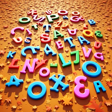 An array of letters scattered on a textured ground resembling fallen leaves. The letters vary in font and size, depicting a diverse range of characters. Some letters are partially buried in the surface, while others are positioned upright, creating a sense of disarray. The colors of the letters contrast with the earthy tones of the ground, enhancing visibility. Sunlight casts soft shadows from the letters, adding depth to the scene.