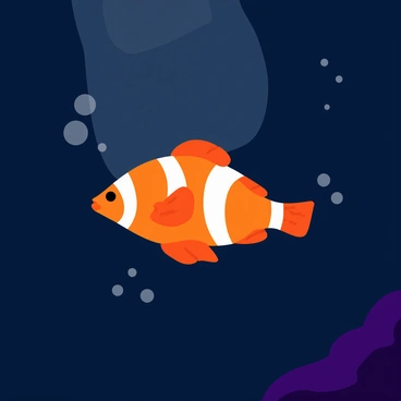 A lone clownfish with bright orange and white stripes swims gracefully in the water. The clownfish is surrounded by a dark sea, with the shimmering reflections of moonlight casting a silvery glow on its scales. The water is deep and rich in color, creating a tranquil atmosphere. Faint bubbles stream from the clownfish as it moves, adding a sense of motion to the scene. The moonlight highlights the contours of the fish, emphasizing its vibrant colors against the dark background.