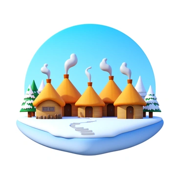 A traditional indigenous settlement built on permafrost, featuring distinct wooden structures with thatched roofs. Smoke is rising from multiple chimneys, curling into the clear blue sky. The ground is covered in a thick layer of frost, highlighting the cold environment. Surrounding the settlement, there are snow-covered trees and small footprints leading to the entrance of the homes. The scene captures a sense of community and resilience in a harsh climate.