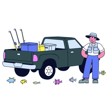 An angler stands next to the tailgate of a pickup truck, which is open and reveals various fishing gear. The truck is a dark green color and has a rugged appearance. The angler is wearing a light blue fishing vest with multiple pockets, and a wide-brimmed hat. On the tailgate, there are fishing rods with reels, a tackle box with compartments opened, and a cooler with a blue lid. The setting suggests early morning light, with soft shadows cast on the ground. Various fishing lures are scattered around, adding color to the scene.