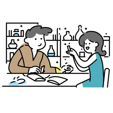 Two alchemists are sitting at a wooden table in a laboratory. One alchemist, a man wearing a long brown robe, is focused on his hand of cards, while the other alchemist, a woman in a dark green dress, is laughing and leaning forward. The laboratory is cluttered with various glass potions of different colors, some bubbling over. Shelves filled with ancient books line the walls, and a large, open book lies on the table, partially obscured by a few scattered cards.