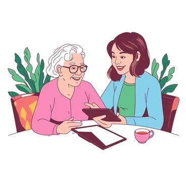 An elderly person with gray hair is sitting at a table, looking at a tablet held by a young volunteer. The elderly person is smiling and appears engaged while the volunteer, with short brown hair, is pointing at the tablet screen, explaining something. The setting is bright and welcoming, with plants in the background and soft lighting that creates a friendly atmosphere. There are colorful cushions on the chairs, and a cup of tea is placed on the table beside them.