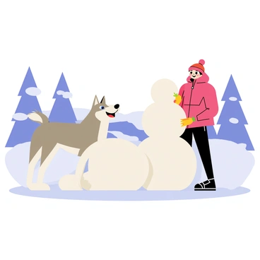 A gray and white husky dog is playfully rolling a large snowball in a snowy yard. The husky has bright blue eyes and a joyful expression. Beside the husky, a person wearing a red winter jacket and a matching beanie is smiling while stacking smaller snowballs on top of the large base to create the body of a snowman. The snowman is partially assembled, with two round snowballs for the body and a carrot positioned as its nose. The yard is covered in a thick layer of fresh snow, and there are snow-covered trees in the background, creating a cheerful winter scene.