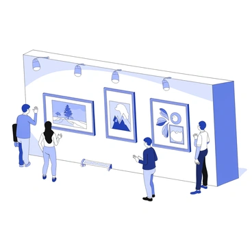 An exhibition showcasing framed vector illustrations on a gallery wall