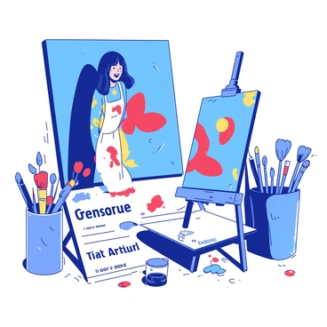 An artist with shoulder-length black hair is standing in front of a vibrant blue canvas showcasing their artwork. The artwork features abstract shapes in a combination of red and yellow hues, creating a striking visual impact. The artist is wearing a white apron splattered with paint, and they have a joyful expression on their face, beaming with pride. To the side, a large check with the words "Grant Award" is propped up on an easel, symbolizing the support that enabled this creative expression. The surroundings are filled with various art supplies, brushes, and other canvases, indicating a bustling creative space.