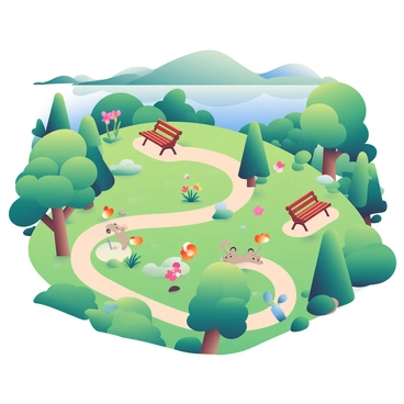An isometric view of a nature reserve features winding hiking trails surrounded by lush greenery and various types of trees. Small wildlife, such as deer and rabbits, can be seen along the trails. Scenic viewpoints with wooden benches provide spaces for visitors to enjoy the landscape. Colorful flowers are scattered throughout, adding vibrancy to the scene. In the distance, a tranquil lake reflects the sky, and gentle hills rise along the horizon.