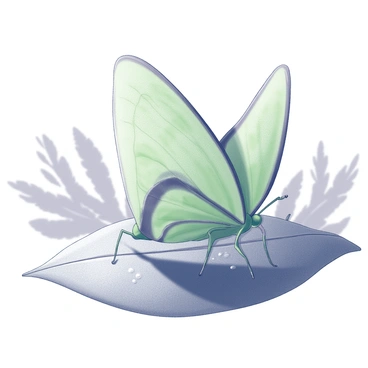 A luna moth positioned delicately on a leaf. The moth's large, green wings are partially spread, showcasing its distinctive shape and markings. The leaf is covered with droplets of dew that glisten in the soft light of early morning. Surrounding the moth and leaf, the scene is tranquil, with hints of foliage softly blurred in the background, emphasizing the beauty of nature.