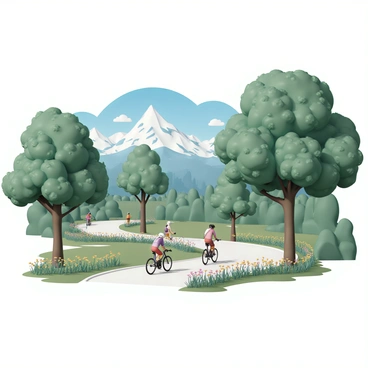 A scenic bike path, surrounded by lush greenery, winds through a park in Grenoble. The path is paved and lined with colorful wildflowers on both sides. Tall trees provide shade, their leaves rustling gently in the breeze. In the distance, the majestic peaks of the Alps can be seen under a clear blue sky. A few cyclists are riding along the path, enjoying the fresh air and beautiful scenery.
