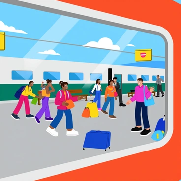 A close-up view through a train window, showcasing the shiny glass frame and reflections of the outside. The platform is filled with people, some waiting, others rushing to board the train. Luggage is scattered around, with bright colored bags and backpacks. The station features a colorful sign overhead displaying the train schedule. In the background, a train conductor is seen assisting passengers, while nearby there are benches occupied by travelers. The overall scene is lively and dynamic.