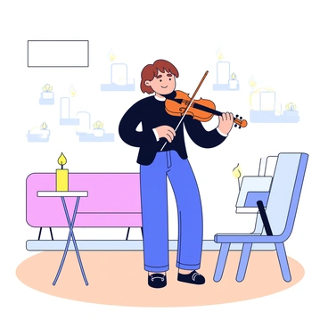 A solo musician with short brown hair is standing in a quiet room. The musician is dressed in a simple black shirt and jeans, holding a violin under their chin. Soft light from several candles flickers around the room, casting gentle shadows on the walls. The floor is wooden and the room has minimal furniture, creating an open space. A small music stand with sheet music is positioned nearby. The musician’s expression is focused and serene as they play a soothing melody.