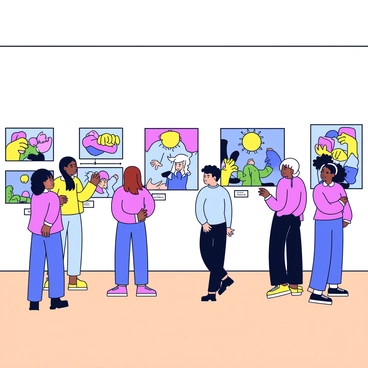 An art exhibition with a series of students' colorful illustrations hung on bright white walls. Each illustration features vibrant colors and unique designs, showcasing various themes and styles. Several curious visitors are observing the artwork closely. Some are standing with their arms crossed, while others are leaning in to get a better view. The floor is made of polished wood, and there are small labels next to each artwork, indicating the artist's name and title.
