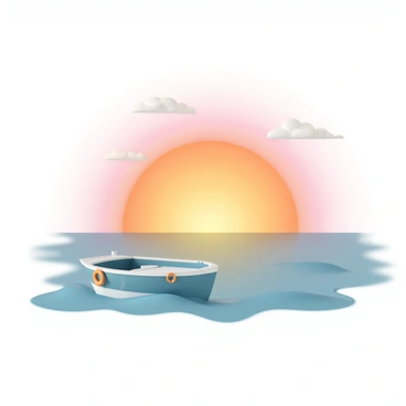 A small fishing boat, painted in shades of blue and white, is gently bobbing on the waves of the sea. The boat has a single orange life preserver hanging on the side. In the background, the horizon is ablaze with the warm colors of sunrise, featuring vibrant hues of orange, pink, and yellow blending together. The calm sea reflects these colors, creating a shimmering effect on the water's surface. A few wispy clouds are scattered across the sky, catching the early morning light. The scene conveys a peaceful and serene atmosphere.