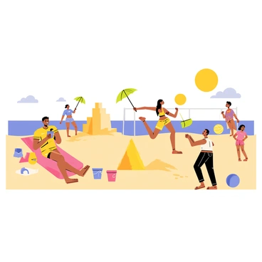 A vibrant beach scene with several people of diverse body types enjoying their time. One person is lounging on a colorful beach towel, sipping a cold drink with a bright umbrella. Another individual is building a sandcastle, with buckets and shovels scattered around. A group of friends is playing beach volleyball, with one player leaping to hit the ball. In the background, a couple is taking a leisurely stroll along the shoreline, leaving footprints in the sand. The sun is shining brightly, creating a warm atmosphere, and a few palm trees are swaying gently in the breeze.