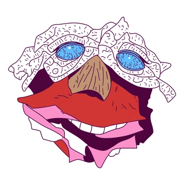 A face composed of a variety of materials and textures, including fabric, wood, and metal elements. The eyes are crafted from shiny blue beads, while the nose is formed from a rough piece of brown wood. The mouth is represented by a smooth, red fabric that is stitched into a smile. The face has a background of contrasting white paper, enhancing the various textures. Different colors and patterns of fabric are layered around the cheeks, creating depth and interest in the collage.