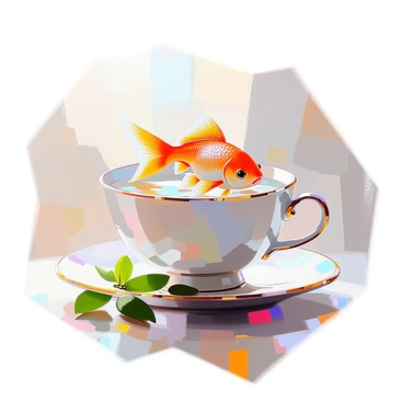 A tiny goldfish with shimmering golden scales is swimming gracefully in a delicate white teacup. The teacup is adorned with subtle floral patterns, enhancing its elegance. Surrounding the goldfish, there are scattered green tea leaves resting at the bottom of the cup, adding a natural element to the scene. Sunlight filters through, creating gentle reflections on the surface of the water, creating a serene atmosphere in the composition.