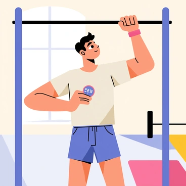 A person hanging from a horizontal bar, gripping it with both hands. The person is wearing a fitted athletic shirt and shorts. They have a focused expression on their face as they check their watch with their right hand. The watch features a digital display showing elapsed time. The background is a gym setting with colorful gym mats and weightlifting equipment visible. Sunlight streams through a nearby window, casting soft shadows on the floor.