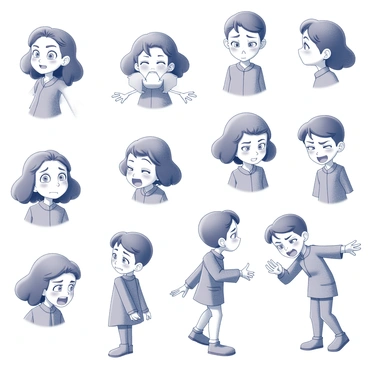 A character design sheet displayed on a master illustration board. The sheet features a single character shown in a variety of poses. Each pose captures different aspects of the character's personality. There are multiple facial expressions, showcasing emotions such as joy, surprise, anger, and sadness. The character is depicted from different angles for a comprehensive understanding of their appearance. Details such as the character's attire, hairstyle, and accessories are clearly visible and consistent across the expressions and poses. The layout is organized, with each expression and pose distinctly separated for clarity.