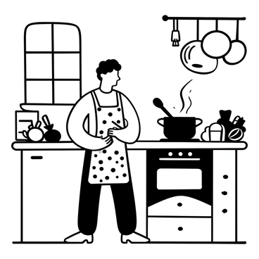 A man with a distinctive hairstyle is standing in a kitchen, wearing a patterned apron. He is stirring a pot on the stove with a wooden spoon. Various kitchen utensils, such as a spatula and a cutting board, are placed on the counter beside him. Fresh vegetables and a cookbook are also visible on the counter. There are pots and pans hanging from a rack above the counter. A window in the background allows light to enter the room, illuminating the kitchen setting.