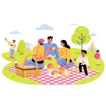 A family enjoying a picnic in the park with a picnic blanket and basket
