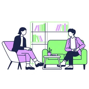 A psychologist is seated in a modern office, attentively listening to a patient. The psychologist has short hair and is wearing a dark blazer over a light shirt. They are leaning slightly forward in their chair, demonstrating engagement with an empathetic expression on their face. The patient, a young adult, is sitting across from the psychologist, with an expression of concern and openness. The room is furnished with a comfortable couch, a small coffee table with a notepad and pen, and a bookshelf filled with various psychological texts in the background. A small potted plant sits on the table, adding a touch of nature to the setting.