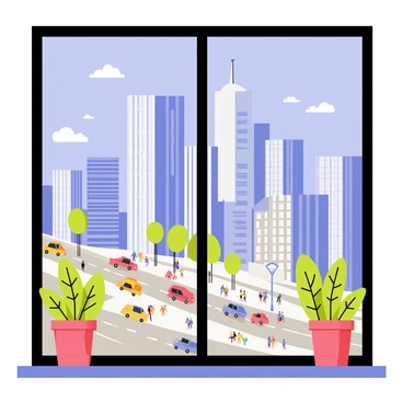 A large picture window with a sleek black frame overlooks a bustling cityscape. Skyscrapers with reflective glass windows rise prominently against a bright blue sky. Below, busy streets are filled with colorful cars and people walking along the sidewalks. The foreground includes potted plants on the window sill, adding a touch of green to the scene. A few fluffy clouds float in the sky, completing the lively urban atmosphere.