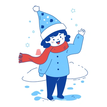 A blue child wearing a festive hat with a jingle bell on the tip is standing in a snowy landscape. The hat is brightly colored with patterns of stars and ribbons. The child is smiling and holding a red scarf in one hand, while the other hand is raised, as if waving. Snowflakes are gently falling around, creating a joyful winter atmosphere.