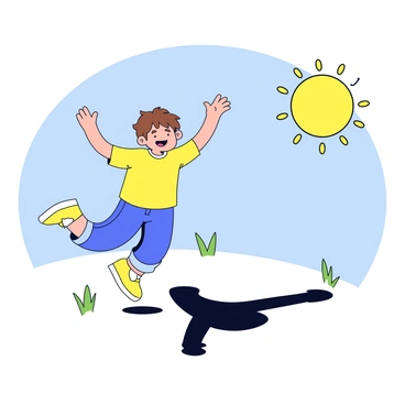 A child with short brown hair is playing joyfully with their own shadow on a sunny day. The child is wearing a bright yellow t-shirt and denim shorts, gleefully jumping and reaching towards the dark silhouette on the ground. The sun is shining brightly in a clear blue sky, casting a distinct shadow beneath the child. Around them, a few grass blades are visible, swaying slightly in a gentle breeze. The scene captures a sense of playfulness and curiosity as the child interacts with their shadow.