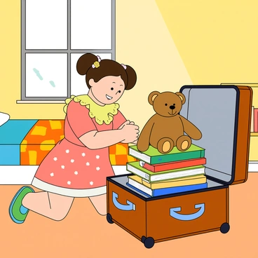 A young girl named Matilda with dark brown hair tied in two playful pigtails is standing in her bright, cheerful bedroom. She is wearing a colorful dress decorated with tiny flowers. Matilda is crouching next to a small, open suitcase that is decorated with stickers. Inside the suitcase, there are several children's books stacked neatly, their colorful covers facing up. A soft, brown teddy bear is placed on top of the books, with its arms outstretched. The room features a bed with a bright quilt, a small bookshelf filled with more books, and a window with light streaming in, casting a warm glow on the scene. Matilda has a focused expression as she carefully places the last book into her suitcase.